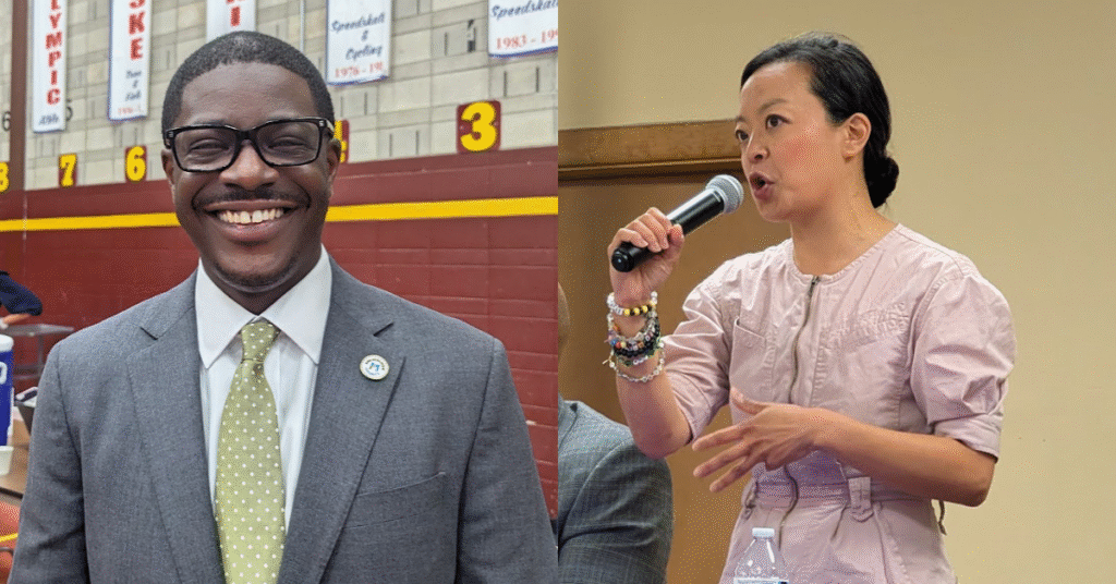 Milwaukee County Executive David Crowley is gaining late momentum with a series of endorsements and a fundraising advantage as state Rep. Francesca Hong faces renewed scrutiny about years-old, controversial social media posts. (Photos via Baylor Spears/Wisconsin Examiner)