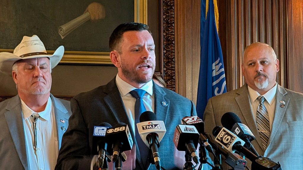 Sen. Patrick Testin (R-Stevens Point) speaks at a Republican news conference before a Senate floor session in June 2025. (Photo by Baylor Spears/Wisconsin Examiner)