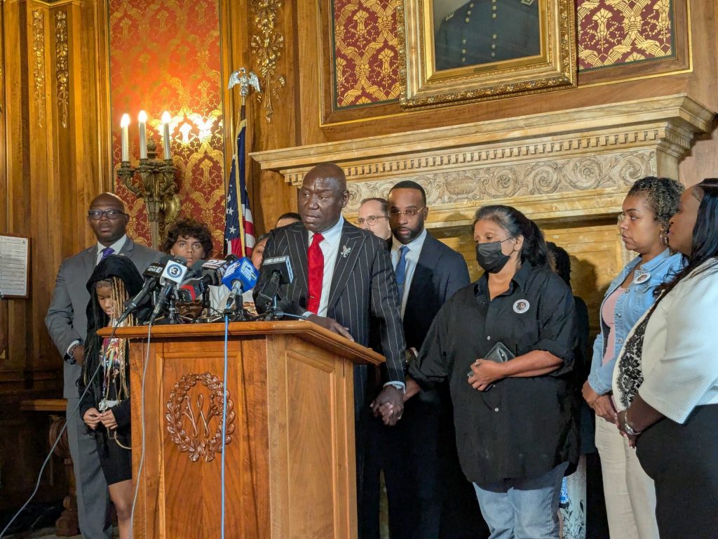 Attorney Ben Crump was joined by family members of Corey Ruiz at a press conference on Friday, July 24. Richelle Wilson/WPR