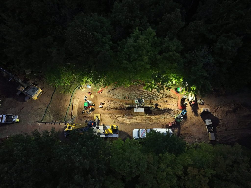 Enbridge crews work at night to resolve a gas leak. The Canadian energy firm says 31,000 barrels, or 1.3 million gallons, of mainly propane and butane, vaporized into the atmosphere when Line 5 was struck after a subcontractor’s unoccupied flatbed truck rolled into an open excavation site. Photo courtesy of Enbridge