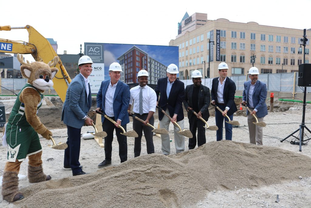Representatives of NCG Hospitality, the Milwaukee Bucks and the City of Milwaukee at a ceremonial groundbreaking for AC Hotel Milwaukee Downtown. Photo taken Aug. 5, 2026 by Sophie Bolich.