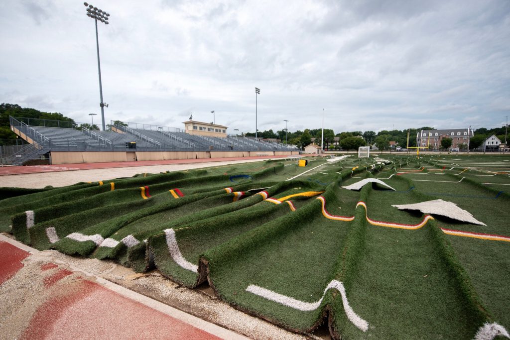 The football field at Hart Park is damaged from a storm Tuesday, Aug. 12, 2025, in Wauwatosa, Wis. Angela Major/WPR