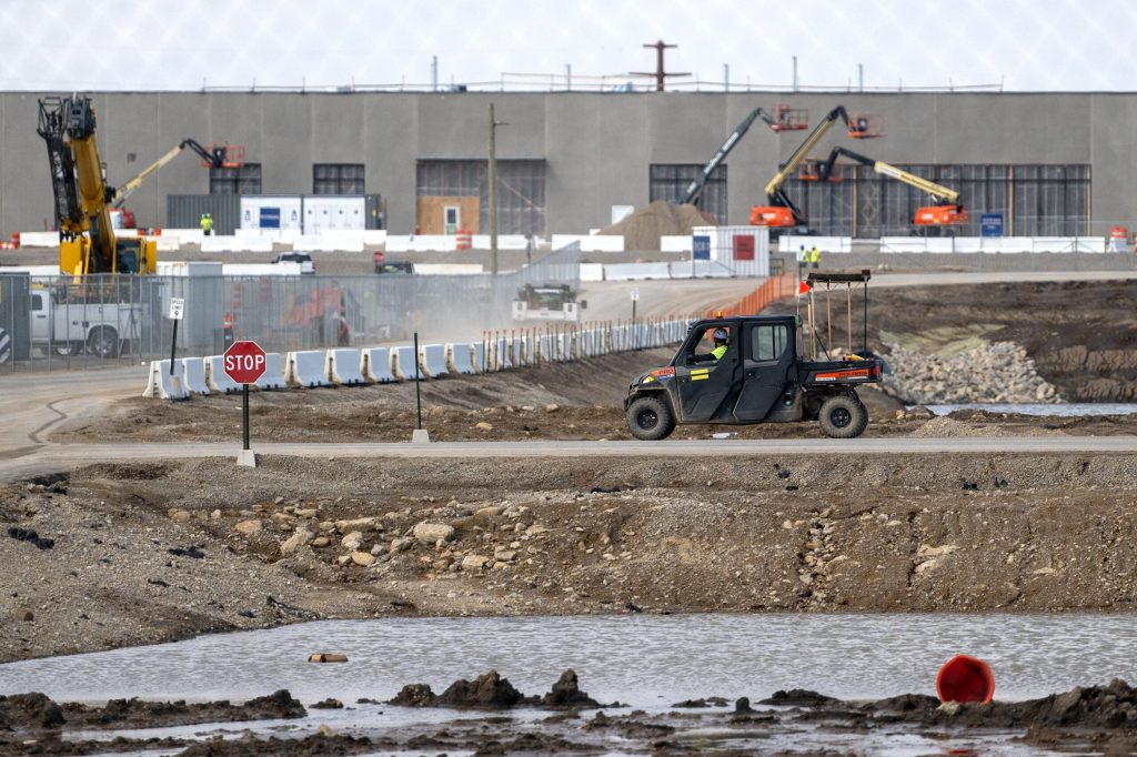 Workers construct a Meta data center Tuesday, April 14, 2026, in Beaver Dam, Wis. Angela Major/WPR