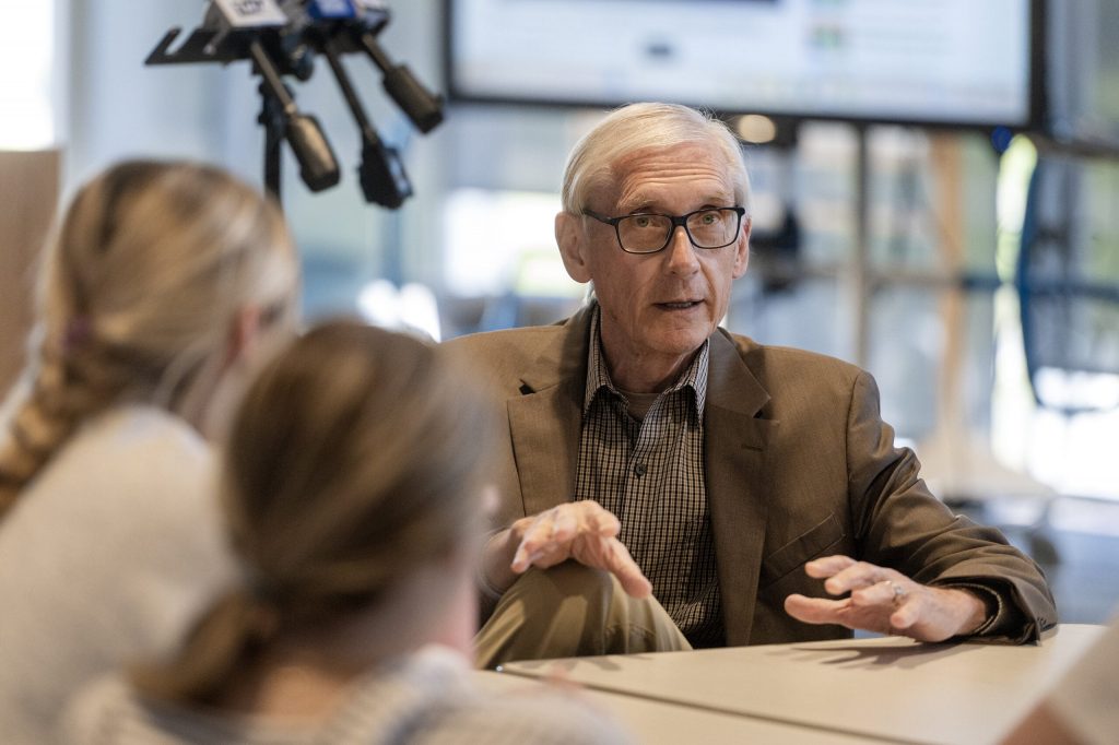 Gov. Tony Evers speaks to students Monday, May 11, 2026, in Barneveld, Wis. Angela Major/WPR