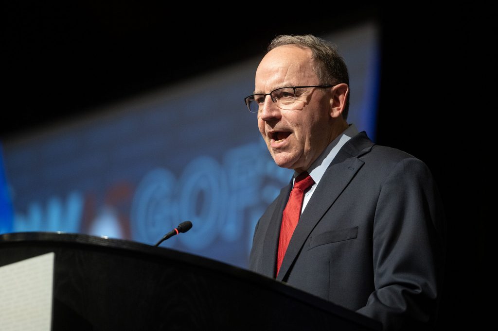 Republican candidate for governor Rep. Tom Tiffany speaks Saturday, May 16, 2026, during the Republican Party of Wisconsin State Convention at Kalahari Resorts & Conventions in Baraboo, Wis. Angela Major/WPR