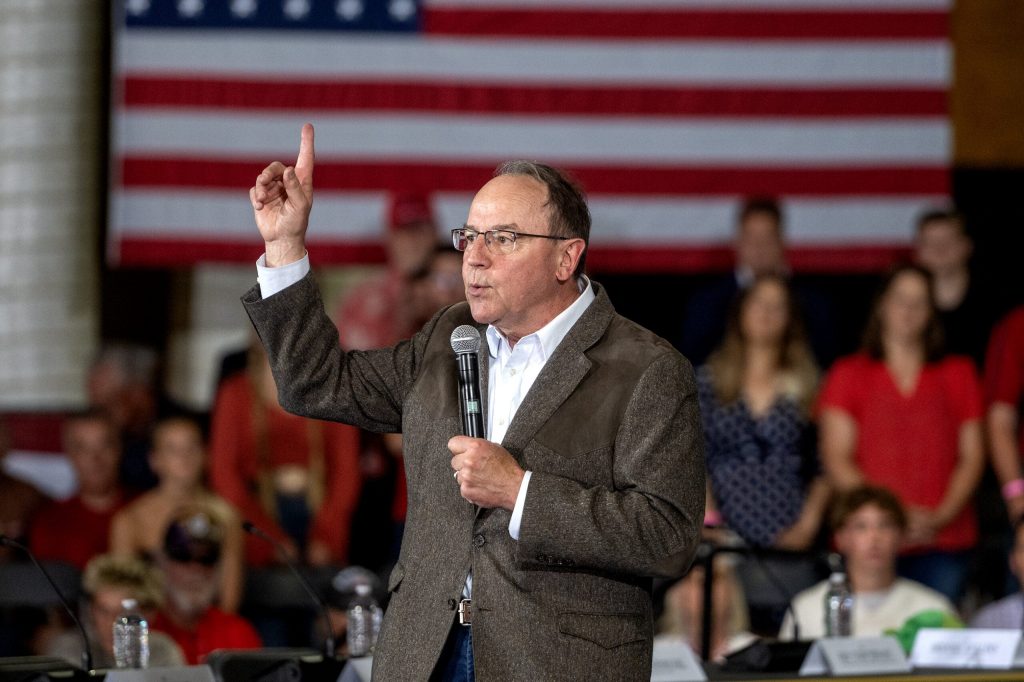 Rep. Tom Tiffany, who is running for Wisconsin governor, speaks before President Donald Trump arrives at a roundtable event Friday, June 5, 2026, in Chippewa Falls, Wis. Angela Major/WPR