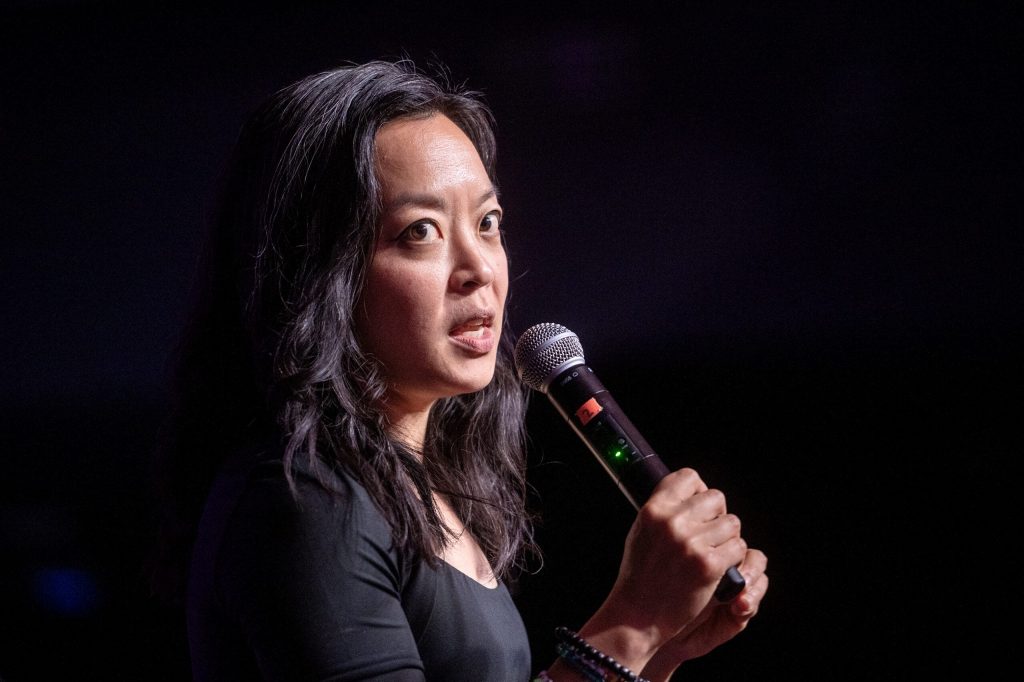 Madison Rep. Francesca Hong speaks to a crowd gathered at Atwood Music Hall to support her campaign for governor Sunday, June 14, 2026, in Madison, Wis. Angela Major/WPR