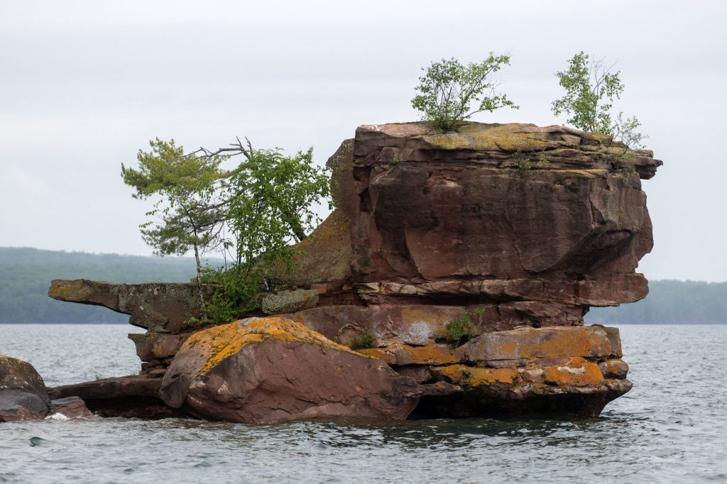Trees grow on a rock formation off the Apostle Islands on Wednesday, July 8, 2026, in Bayfield, Wis. Angela Major/WPR