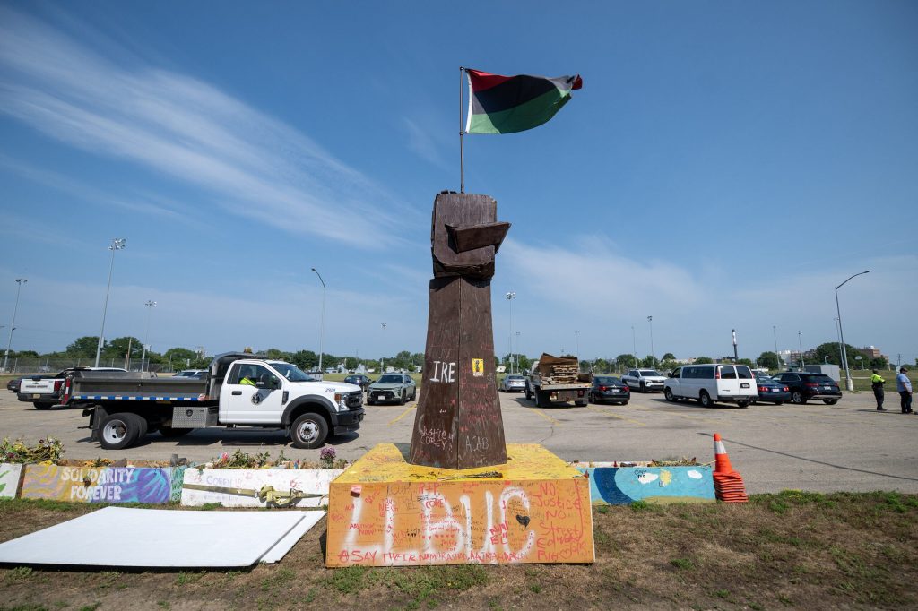 A statue that had been at the center of the Corey Ruiz memorial is displayed at Demetral Park on Tuesday, Aug. 4, 2026, in Madison, Wis. Angela Major/WPR