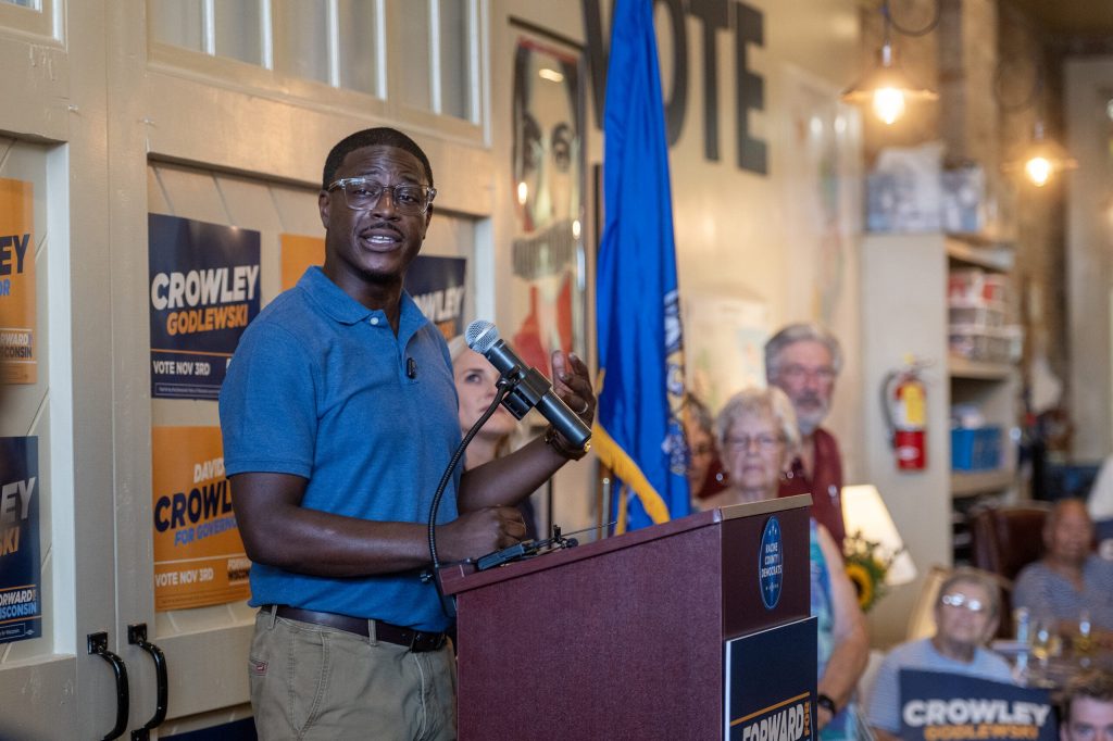 Democratic candidate for governor Milwaukee County Executive David Crowley speaks at a rally Wednesday, Aug. 12, 2026, at the Racine County Democratic Party Office in Racine, Wis. Angela Major/WPR