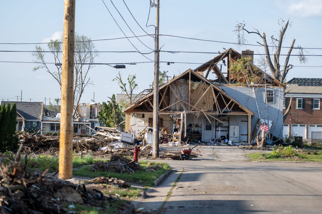 A home in Doty Island is still damaged from a severe tornado Tuesday, Aug. 25, 2026, in Menasha, Wis. Angela Major/WPR