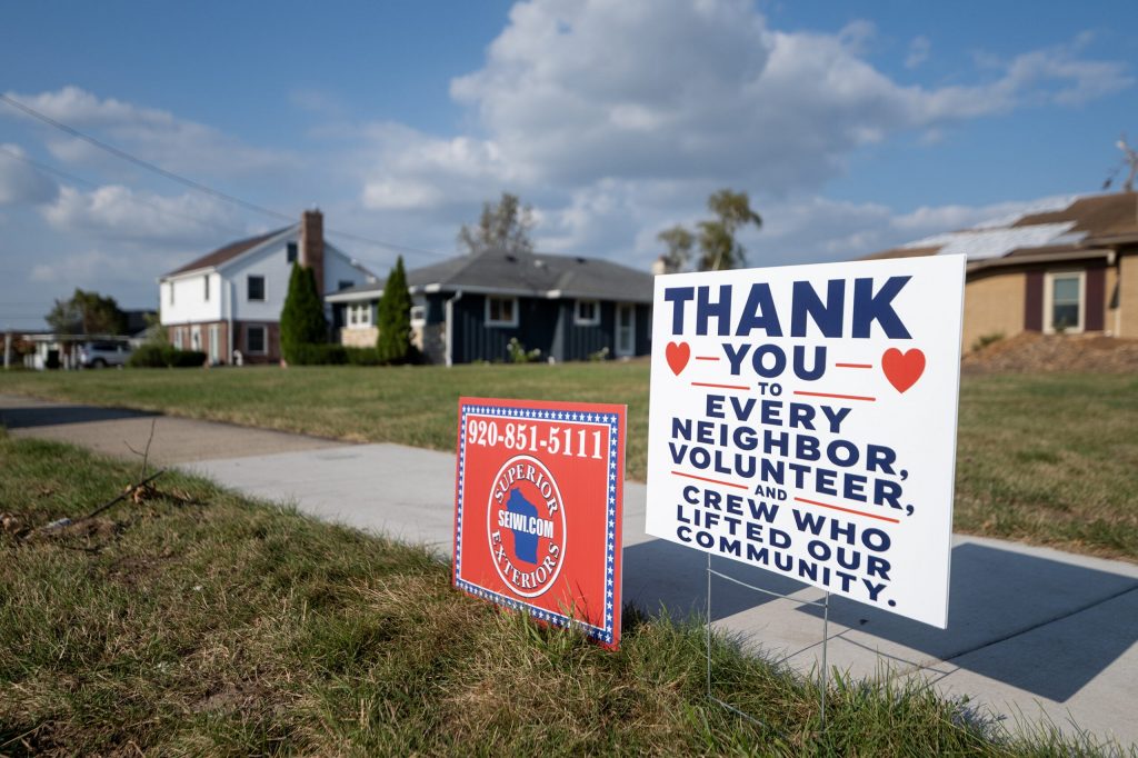Residents in the Doty Island neighborhood display signs thanking their community and workers who have helped repair damage caused by a July tornado Tuesday, Aug. 25, 2026, in Menasha, Wis. Angela Major/WPR