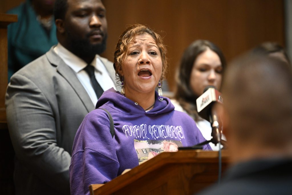 The mother of woman who died in the Milwaukee County jail speaks at a press conference held by a coalition of legislative Democrats and stakeholders on Nov. 2, 2023, in the Assembly Chamber at the Wisconsin State Capitol in Madison, Wis. They spoke about the conditions of confinement in county and state correctional institutions and proposed a package of bills to address the conditions. (Evan Halpop / Wisconsin Watch)