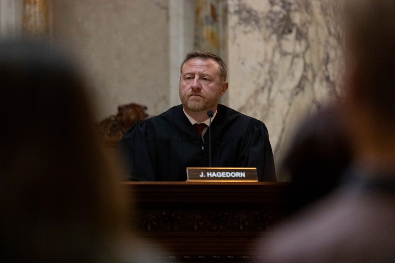 Wisconsin Supreme Court Justice Brian Hagedorn hears oral arguments in a case at the State Capitol in Madison, Wis., on Nov. 18, 2024. (Joe Timmerman / Wisconsin Watch)