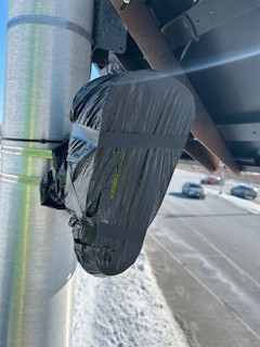 A City of Verona Flock camera which has been covered by local officials after the city’s contract with Flock Safety ended. (Photo courtesy of Mayor Luke Diaz).