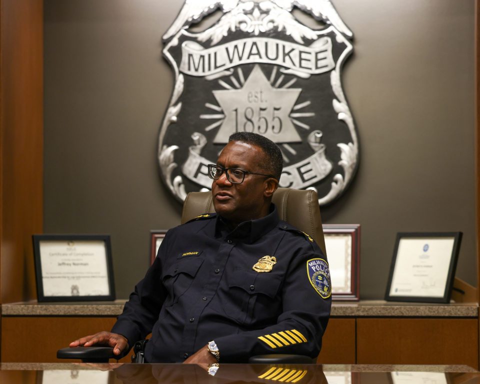 Milwaukee Chief of Police Jeffrey Norman listens during an interview at the Milwaukee Police Administration Building on Thursday, July 9, 2026 in Milwaukee. (Photo by Jonathan Aguilar / Milwaukee Neighborhood News Service / CatchLight Local)
