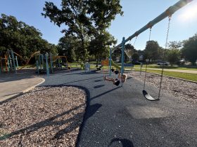 Aubrey Jannene swings at Lyons Park. Photo by Jeramey Jannene.