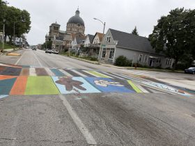 Painted raised crosswalk (speed table) in the Lincoln Village neighborhood. Photo by Jeramey Jannene.