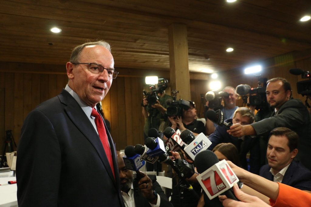 Republican U.S. Rep. Tom Tiffany addresses reporters at the Rustic Manor 1848 wedding barn in Hartford Tuesday, Aug. 11, 2026, after winning the GOP primary for governor. Rich Kremer/WPR