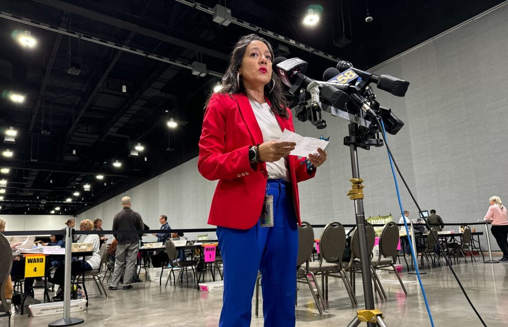 Paulina Gutiérrez, the executive director of the Milwaukee Election Commission, speaks to reporters at Milwaukee’s central count facility on Tuesday, Nov. 5, 2024. Evan Casey/WPR
