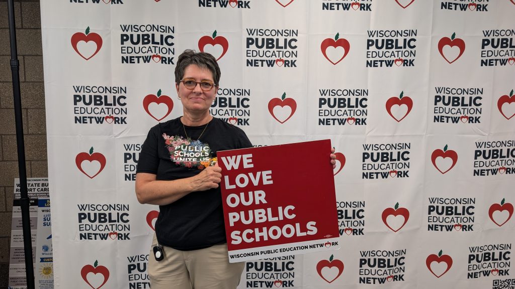 Holly Sweeney, a school board member from Elk Mound,  said she is concerned about the amount of money that goes to vouchers in her area — about $120,000 —  which, she said, “doesn’t sound like a lot, but for our little school district, that’s a lot.” (Photo by Baylor Spears/Wisconsin Examiner)