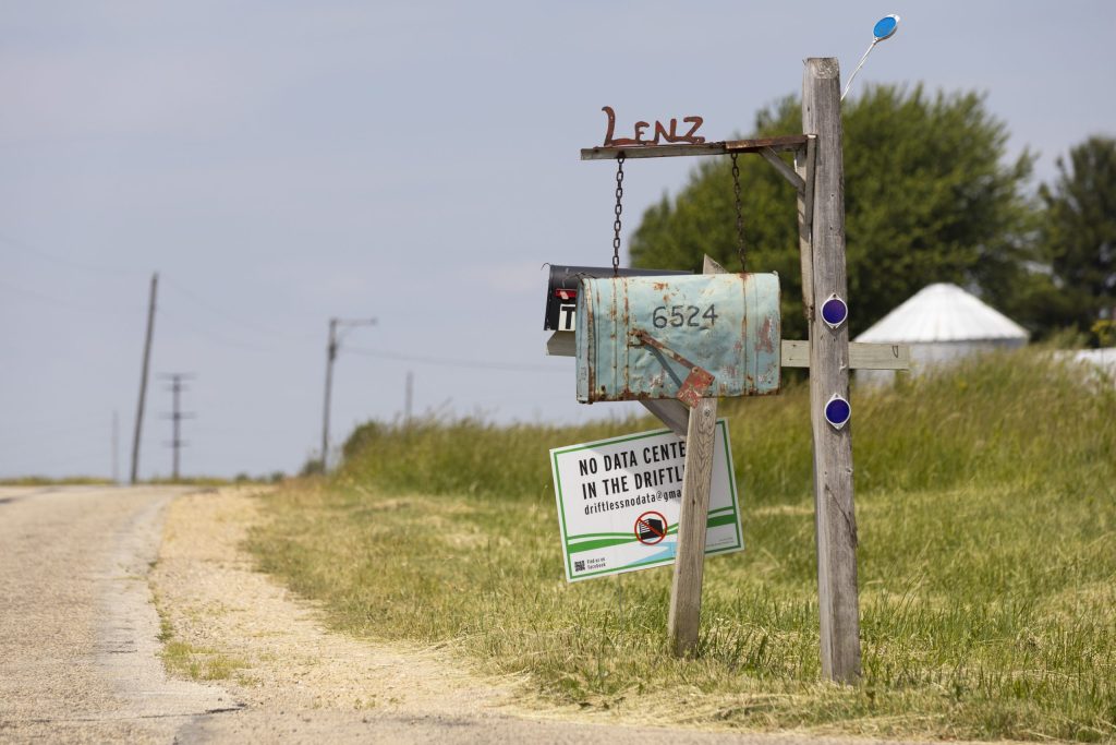A “No Data Center In The Driftless” sign is posted outside of a home, June 4, 2026, in Grant County, Wis. (Joe Timmerman / Wisconsin Watch)