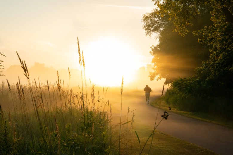 The sun rises as a runner exercises at Western Green Area Park in DeForest, Wis, July 14, 2026. (Kayla Wolf for Wisconsin Watch)