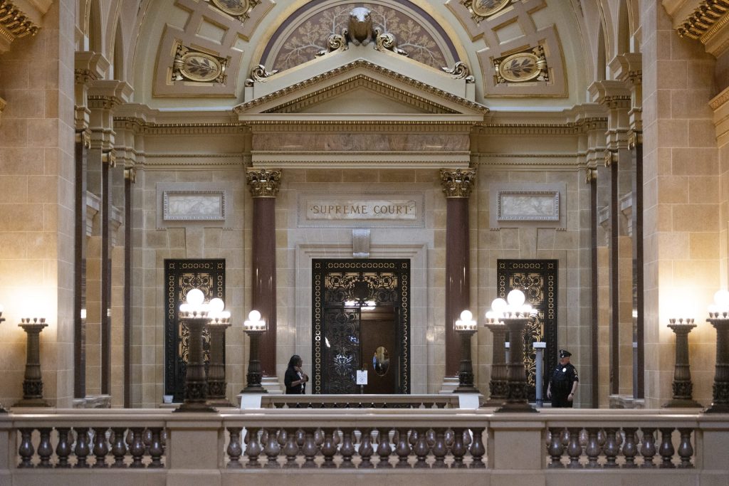 The entrance to the Wisconsin Supreme Court chambers is seen at the Wisconsin State Capitol on Nov. 18, 2024, in Madison, Wis. (Joe Timmerman / Wisconsin Watch)