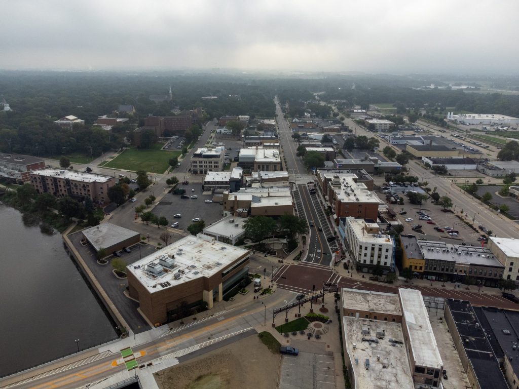 A general view of downtown Beloit, Wis., on Aug. 14, 2026. The city was ranked the worst for air pollution in 2023 when Canadian wildfire smoke hit the state similar to this summer. (Kayla Wolf for Wisconsin Watch)