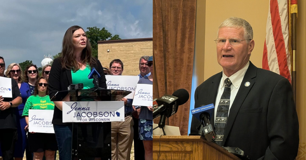 Rep. Jenna Jacobson ran a campaign ad claiming Sen. Howard Marklein "invested thousands of dollars in Chinese corporations." (Photo of Jacobson courtesy of campaign. Photo of Marklein by Baylor Spears/Wisconsin Examiner)