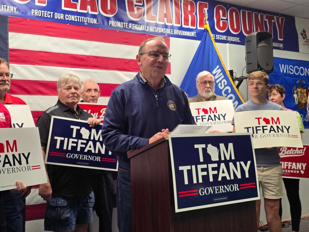 Republican U.S. Rep. Tom Tiffany, the Republican candidate for governor, speaks to reporters about his “Taxpayer Accountability Plan” on Sept. 18, 2026 in Eau Claire, Wis. Rich Kremer/WPR