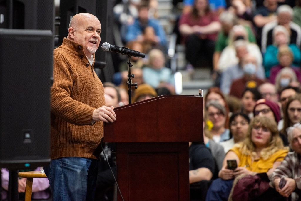 Rep. Mark Pocan introduces Sen. Bernie Sanders on Friday, March 7, 2025, at UW-Parkside in Kenosha, Wis. Angela Major/WPR