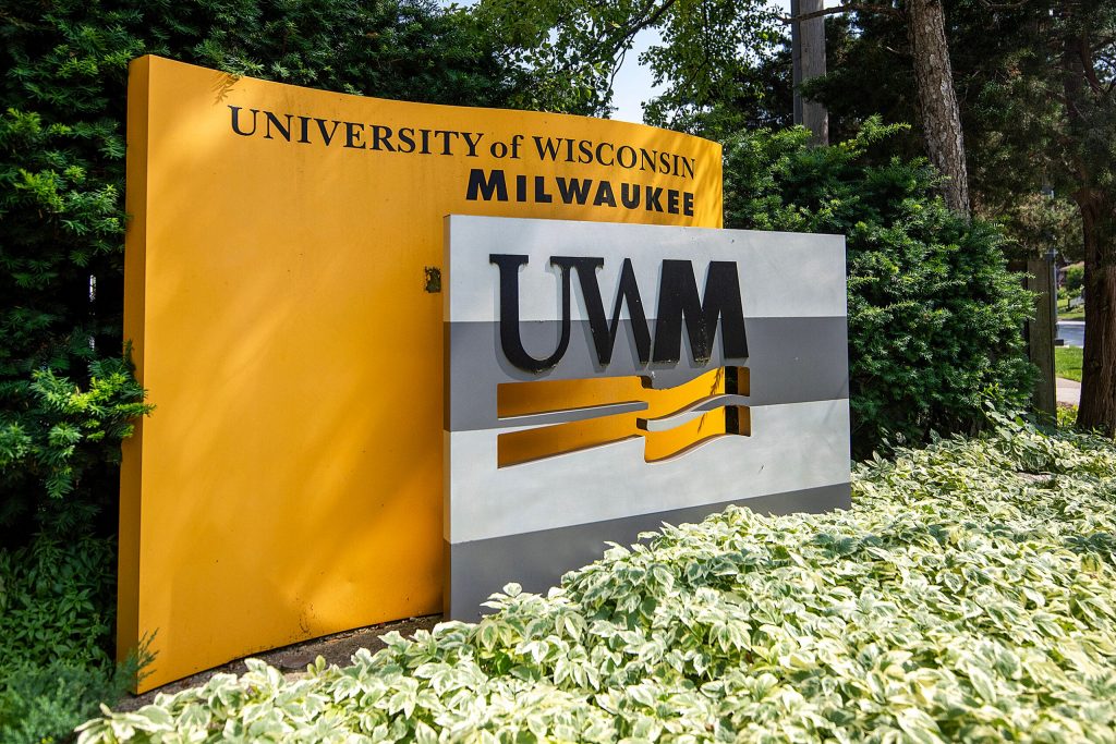 A sign is displayed on the UW-Milwaukee campus Monday, July 7, 2025, in Milwaukee, Wis. Angela Major/WPR