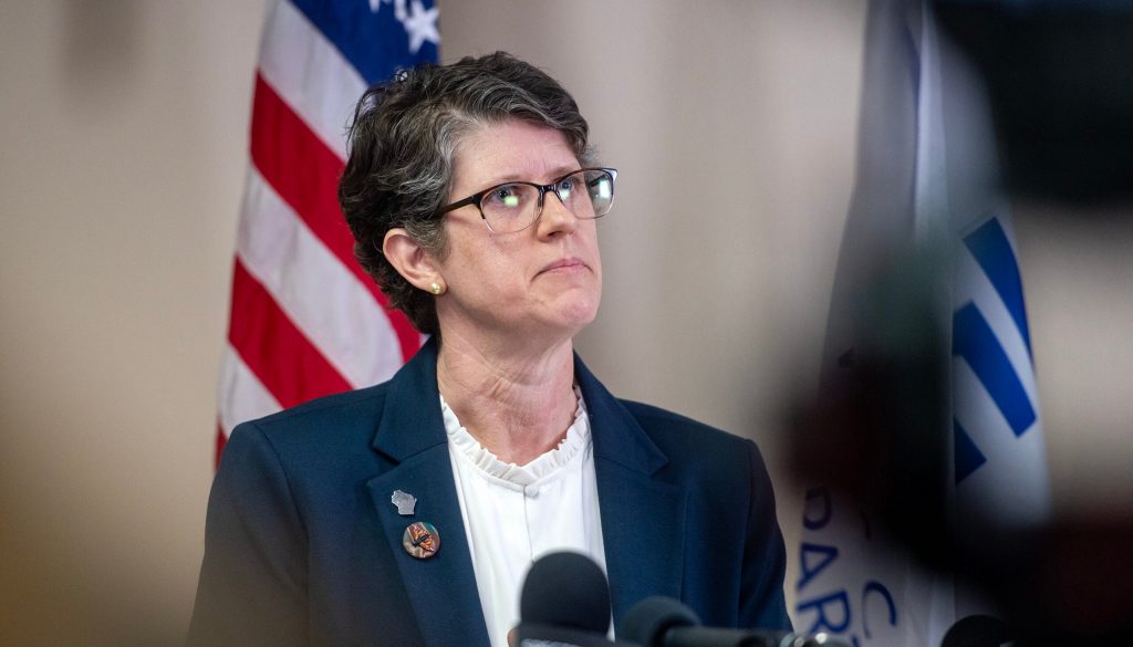 Wisconsin Superintendent Jill Underly speaks during a press conference Tuesday, Nov. 4, 2025, at the Tommy G. Thompson Center in Madison, Wis. Angela Major/WPR