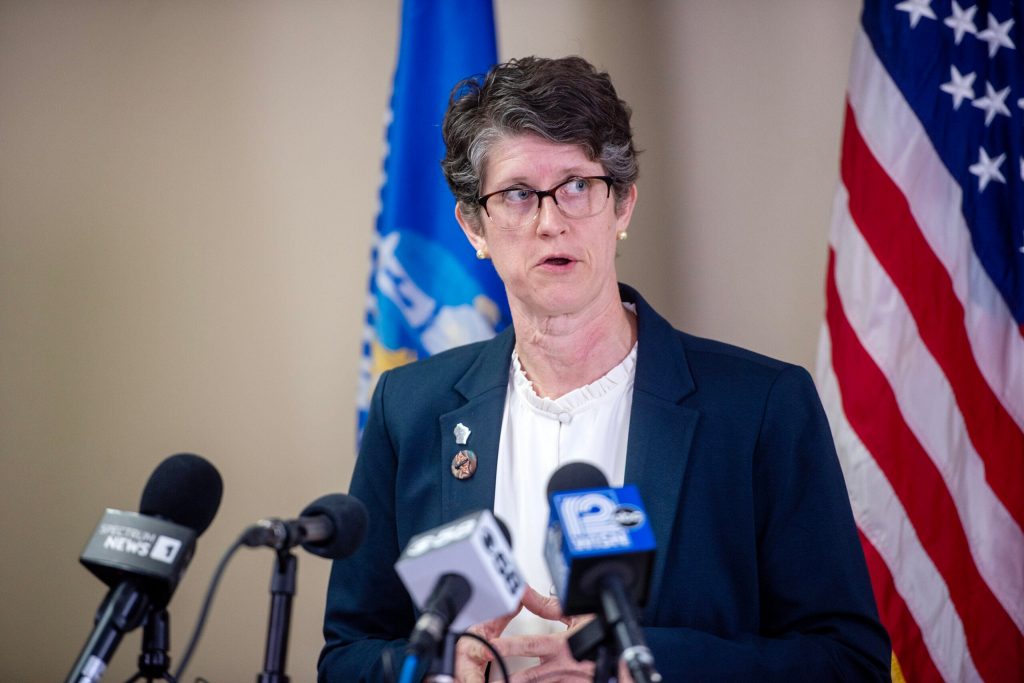 Wisconsin Superintendent Jill Underly speaks during a press conference Tuesday, Nov. 4, 2025, at the Tommy G. Thompson Center in Madison, Wis. Angela Major/WPR