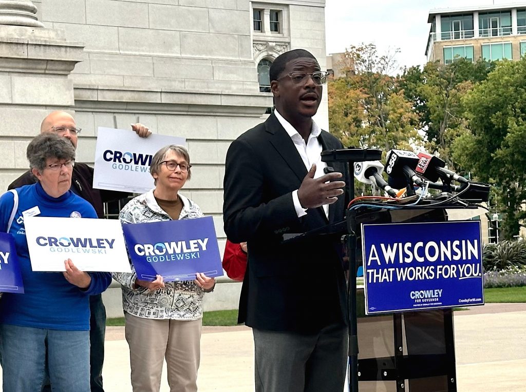 Milwaukee County Executive David Crowley, who is running for governor as a Democrat, speaks at a press conference outside the Wisconsin State Capitol in Madison, Wis., on Sept. 14, 2026. Anya van Wagtendonk/WPR