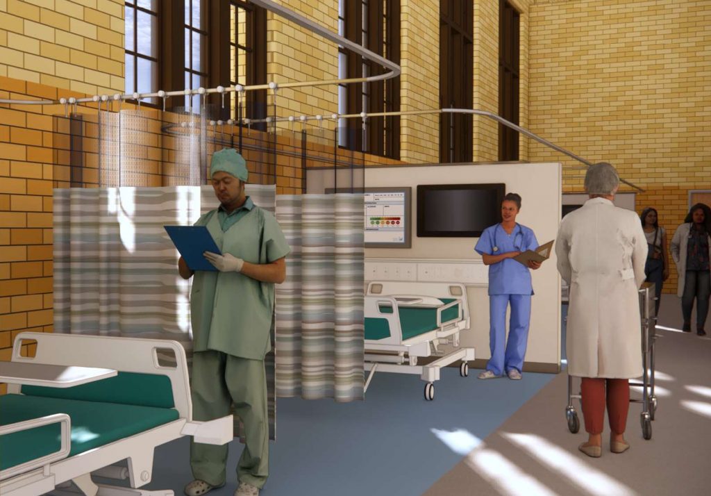 Rendering of Caroline Hall Nursing Skills Laboratory, Zimmerman Architects.