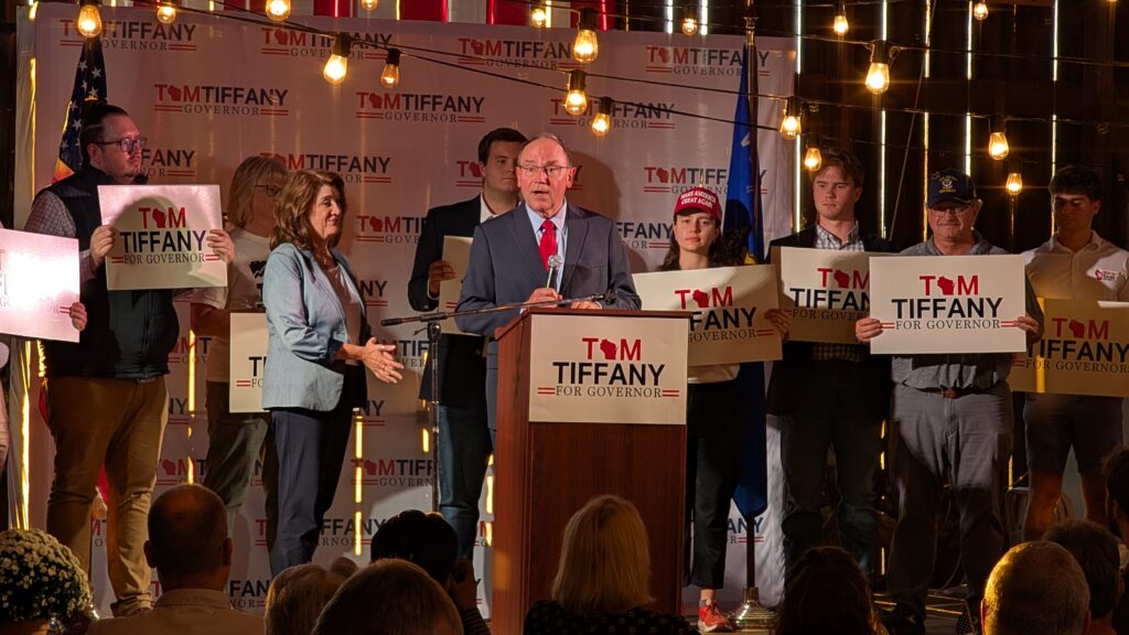 GOP gubernatorial candidate Tom Tiffany is taking some small steps to distance himself from President Donald Trump. Tiffany speaks to a crowd at his launch event a year ago in Wausau. (Photo by Baylor Spears/Wisconsin Examiner)