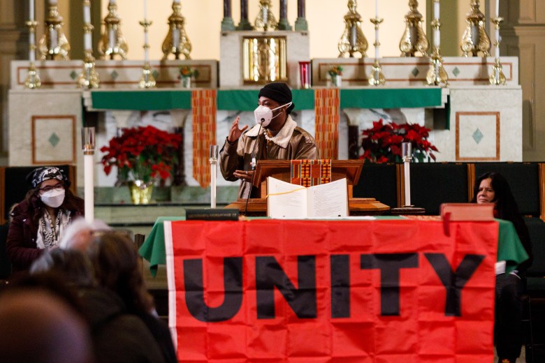 A constitutional amendment on the November ballot would prohibit the government from closing churches during health emergencies. Yante Turner of Sun-Seeker MKE is shown speaking to the crowd as dozens of community members attended the 24th annual Martin Luther King Jr. Justice Program on Jan. 20, 2025, at the St. Francis of Assisi Church in Milwaukee. (Julius Shieh / Milwaukee Neighborhood News Service)