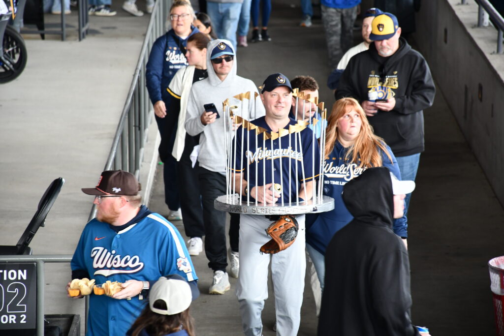 Fan dressed as the Commissioner's Trophy at the 2026 Milwaukee Brewers championship celebration. Photo by Jeramey Jannene.