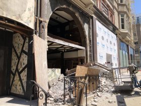 Facade reconstruction of former Karl Ratzsch's space at Colby Abbot Building in 2021. Photo by Jeramey Jannene.