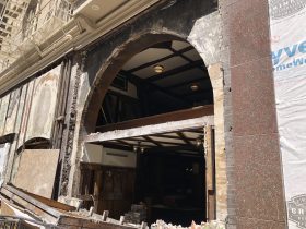 Facade reconstruction of former Karl Ratzsch's space at Colby Abbot Building in 2021. Photo by Jeramey Jannene.