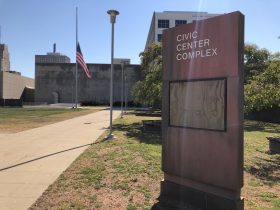 Civic Center Complex sign at MacArthur Square (841 N. James Lovell St.). Photo by Jeramey Jannene.