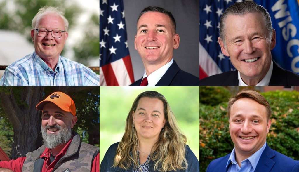 State Assembly candidates Republican state Rep. Todd Novak, top left, Democrat Ben Gruber, bottom left, Republican state Rep. Ben Franklin, top middle, Democrat Brandy Tollefson, bottom middle, Republican state Rep. Bob Donovan, top right, and Democrat Ben Brist, bottom right. Source: Candidate campaigns and Hope Kirwan/WPR