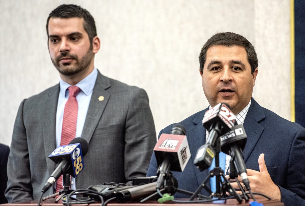 Wisconsin Attorney General Josh Kaul, right speaks while standing next to Fond du Lac County District Attorney Eric Toney on Tuesday, June 6, 2023, at the Risser Justice Center in Madison, Wis. Angela Major/WPR