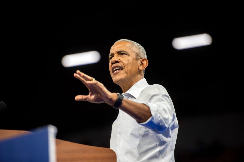 Former President Barack Obama speaks at a campaign rally for the Harris/Walz ticket Tuesday, Oct. 22, 2024, at the Alliant Energy Center in Madison, Wis. Angela Major/WPR