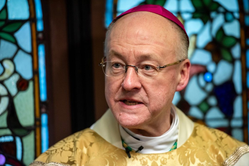 Jeffrey Grob speaks to reporters after being installed as the 12th Archbishop of Milwaukee on Tuesday, Jan. 14, 2025, at the Cathedral of Saint John the Evangelist in Milwaukee, Wis. Angela Major/WPR