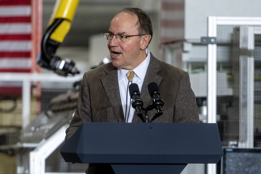U.S. Rep. Tom Tiffany speaks before Vice President JD Vance’s remarks Thursday Feb. 26, 2026, at Pointe Precision in Plover, Wis. Angela Major/WPR
