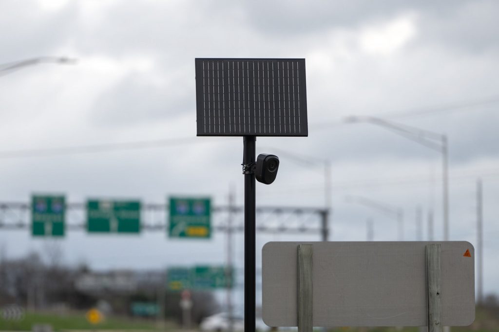 A a Flock Safety camera is aimed toward traffic traveling near a gas station Wednesday, April 15, 2026, in Stoughton, Wis. Angela Major/WPR