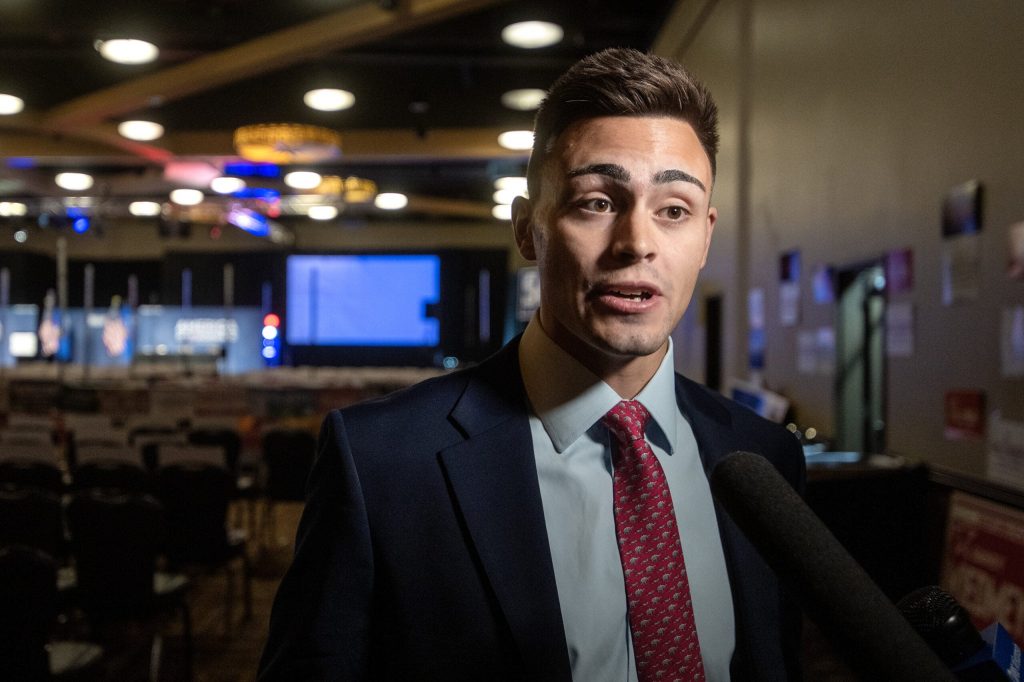 Seventh district congressional candidate Michael Alfonso answers questions from reporters Saturday, May 16, 2026, during the Republican Party of Wisconsin State Convention at Kalahari Resorts & Conventions in Baraboo, Wis. Angela Major/WPR